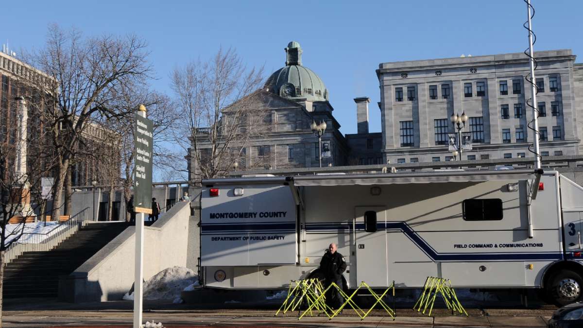A mobile command post is set up outside Montgomery County Court House long before the actual start of a pre-trial hearing in the sexual assault trial of Bill Cosby.