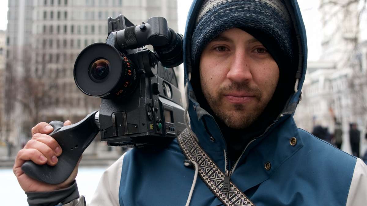 Cinematographer Phil Gushue documents the last days of the skaters at LOVE Park with a professional 16-mm film camera. The footage will be spliced with original content from the past, he explains.