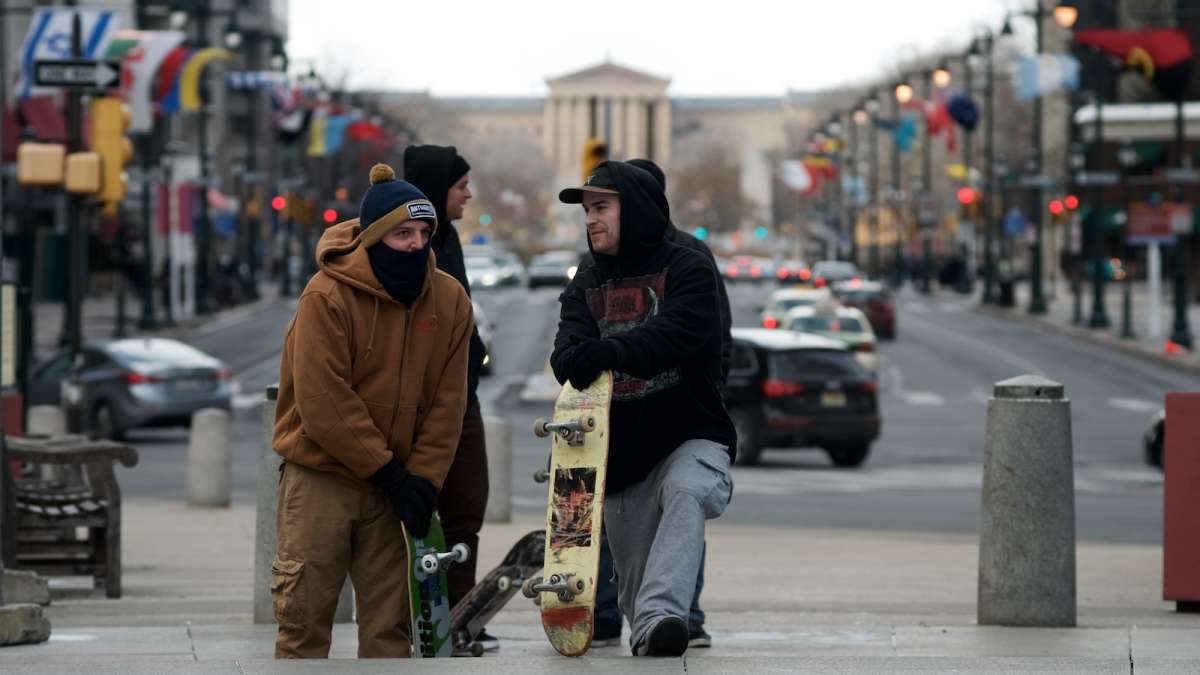 Skaters, bundled up against the cold are seen taking a break.