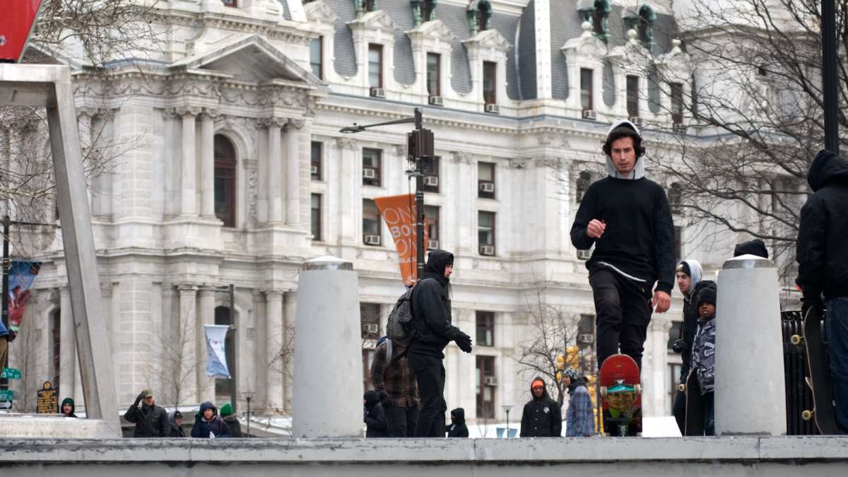 A skater is seen sizing-up the ‘LOVE Park gap’, as he prepares to attempt a jump into the fountain base.