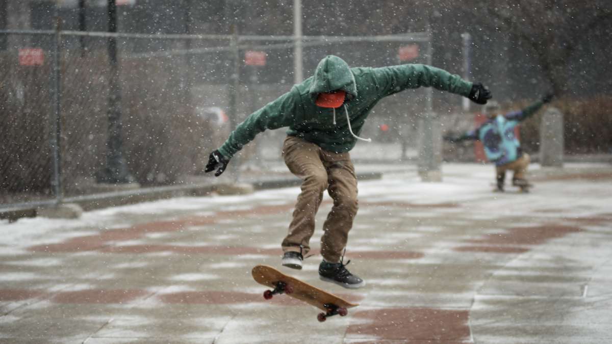 On Saturday light flurries coated the granite, making it harder for skaters to ride their boards.