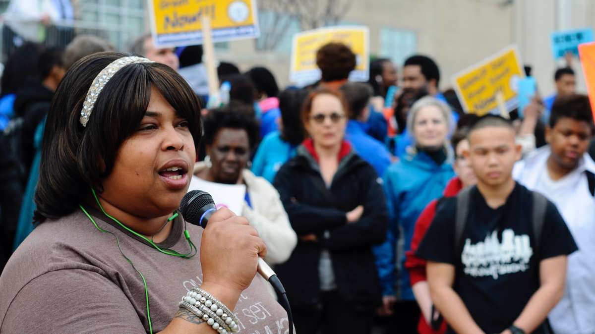 Parent Kenya Nation Holmes, who opposed the change, felt bullied by Mastery supporters during the process. Pictured here speaking at a rally in March 2016. (Bastiaan Slabbers for WHYY)