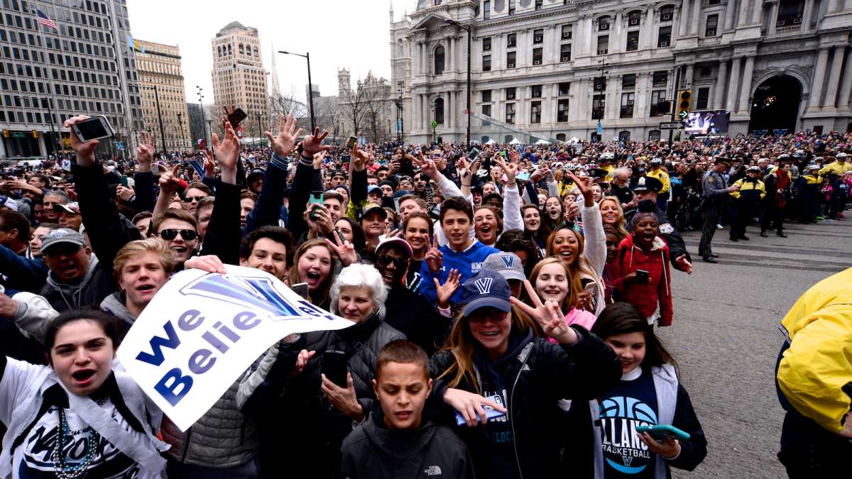 Thousands of fans gather near City Hall to greet the champs.