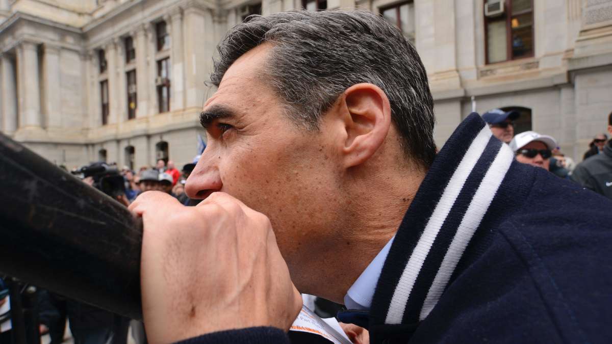 Villanova head coach Jay Wright waits to enter the stage during the ceremony for the NCAA Champions at Dilworth Park on Friday.