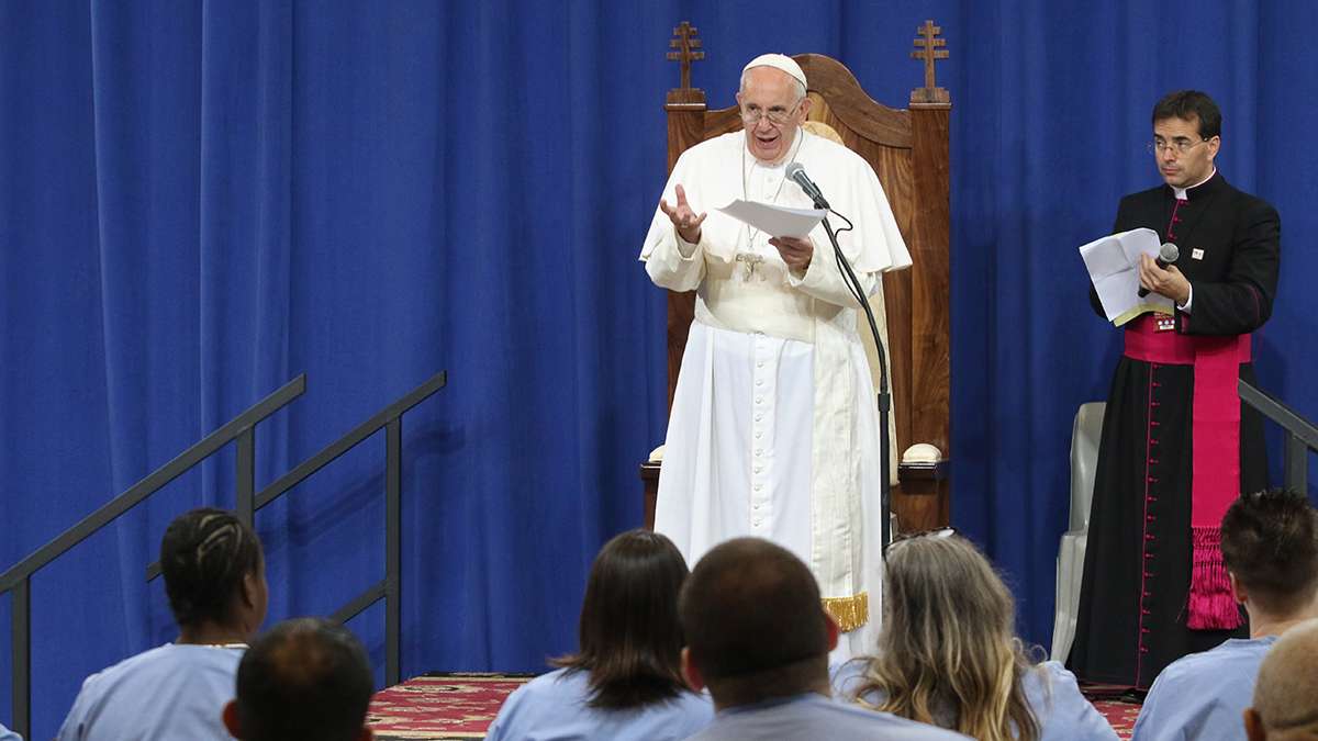 Pope Francis addressed about 100 inmates at Curran-Fromhold prison. (Kevin Cook/for NewsWorks)