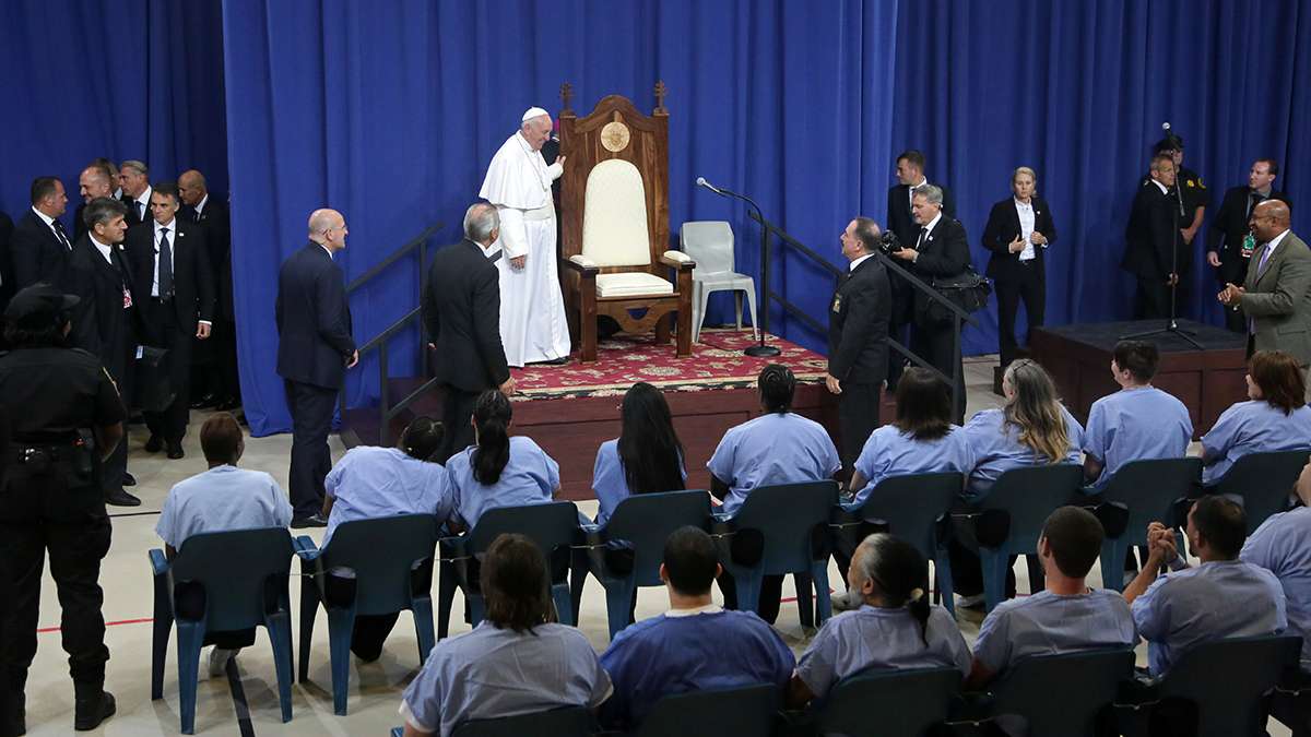 Pope Francis addressed about 100 inmates at Curran-Fromhold prison. (Kevin Cook/for NewsWorks)