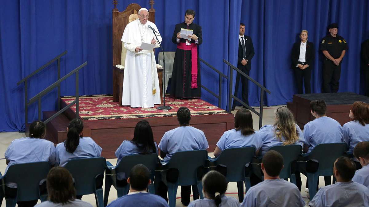 Pope Francis addressed about 100 inmates at Curran-Fromhold prison. (Kevin Cook/for NewsWorks)