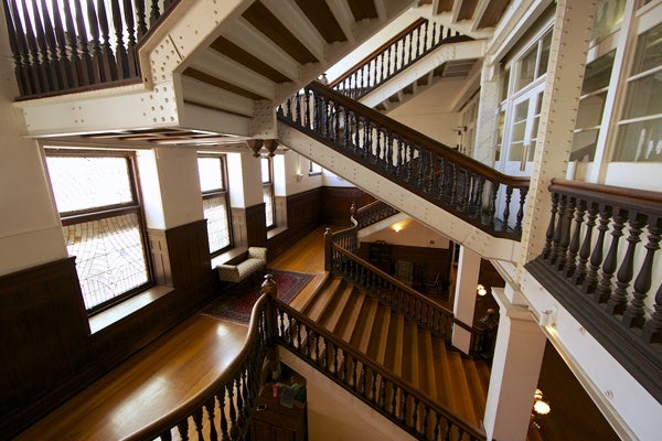 <p><p>Inside the Baldwin School, built in 1890, the main stairwell's exposed structural beams showcase Frank Furness' industrial style. (Nathaniel Hamilton/for NewsWorks)</p></p>
