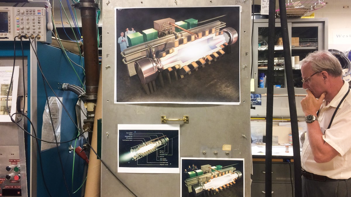 Researchers at the Princeton Plasma Physics Lab in New Jersey put up a picture of the nuclear fusion drive they’re building in their workspace. (Alan Yu/WHYY)