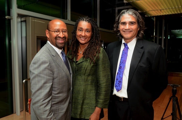 <p><p>Mayor Michael Nutter and his wife Lisa with Steven Larson, event honoree and executive director and co-founder of Puentes de Salud (Photo courtesy of HughE Dillon)</p></p>
