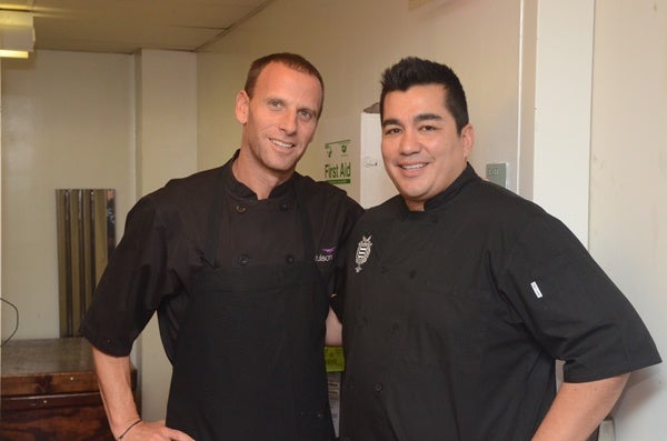 <p><p>Chef and restaurateur Michael Schulson of Sampan, the St. James (left), and Iron Chef Jose Garces of Amada, Tinto and co-founder of the Garces Family Foundation (Photo courtesy of HughE Dillon)</p></p>
