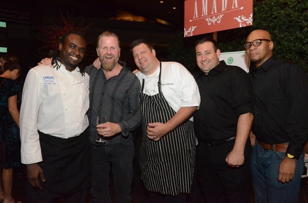 <p><p>Chef Sylva Senat of Tashan, Mark Bee owner of Silk City & North 3rd, Mike Stollenwerk of fish and Rhino Bar both located at 1234 Locust St., fish/Rhino GM Joe Schiano and Rhino server Tim Williams (Photos courtesy of Hugh E Dillon)</p></p>
