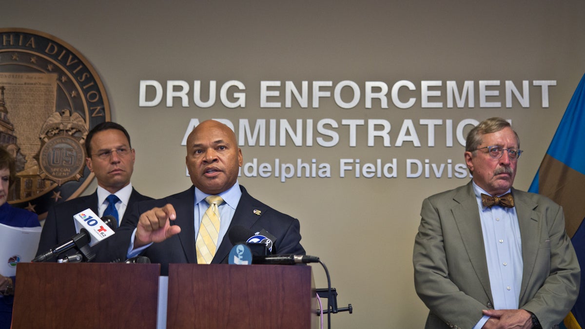  Gary Tuggle, head of the DEA Philadelphia Field Division, speaks about the analysis of overdose deaths in 2016 on Thursday afternoon. (Kimberly Paynter/WHYY) 