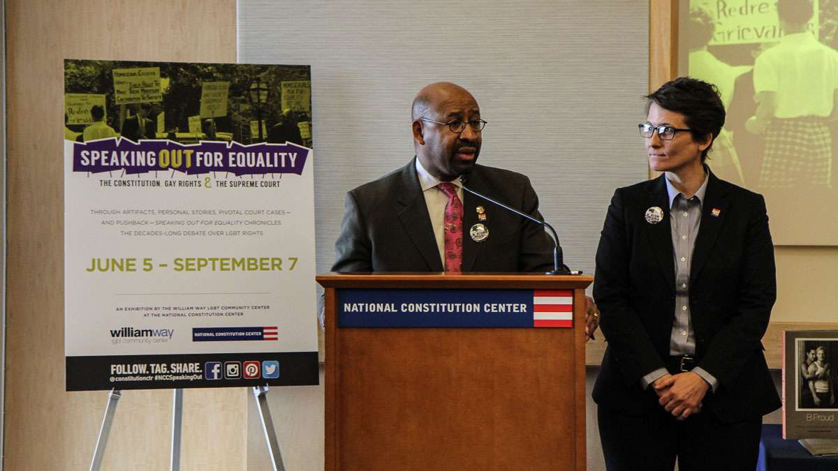 Philadelphia Mayor Michael Nutter and Helen 'Nellie' Fitzpatrick, Director of LGBT Affairs, speak at a press conference announcing an exhibiting examining gay rights at the National Constitution Center. (Kimberly Paynter/WHYY)