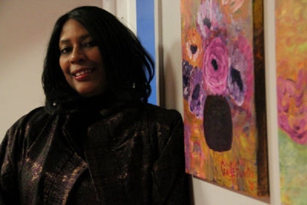 <p><p>Gaille Hunter's work was on display at the art exhibit. (Haley Kmetz/for NewsWorks)</p></p>
