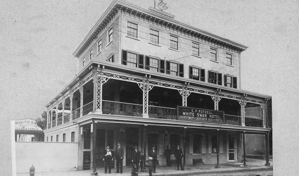 The White Swan Hotel, Mt. Airy. Six men and three children standing along Germantown and Mt. Airy avenues. (Courtesy of Germantown Historical Society, Philadelphia, PA)