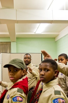 <p><p>Scout Master Brian Wallace directs his troop in preparations for the inaugural parade in Washington D.C. next week. (Brad Larrison/for NewsWorks)</p></p>
