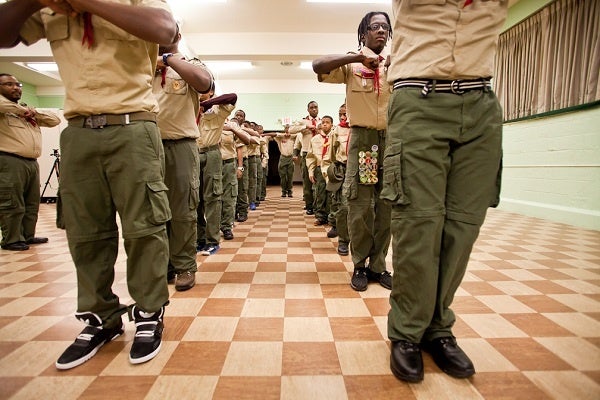 <p><p>The Scouts of Troop 358 stand in formation at Grace Baptist Church in Germantown in preparation for President Obama's Inauguration Parade on Monday. (Brad Larrison/for NewsWorks)</p></p>
