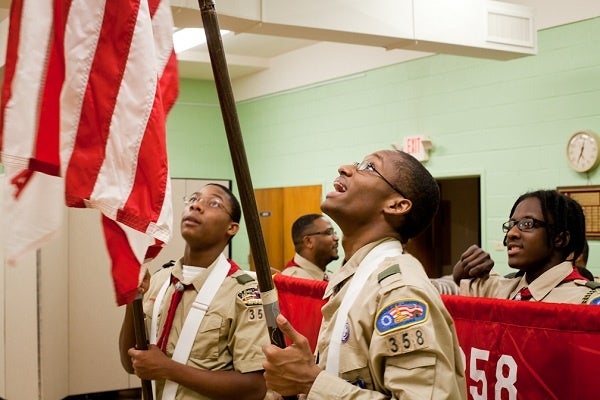 <p><p>Samuel Godwin laughs before practice a march in the basement of Grace Baptist Church in Germantown on Wednesday. He has been with the Boy Scouts for seven years. (Brad Larrison/for NewsWorks)</p></p>
