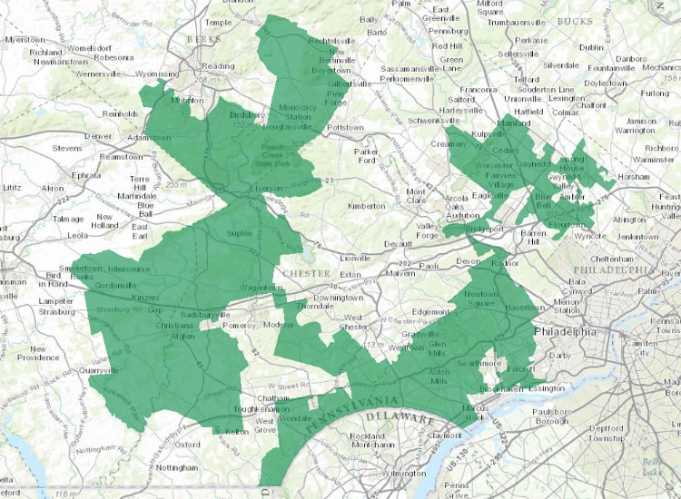 Pennsylvania’s 7th congressional district, which is often considered the poster child of gerrymandering. The district cuts through five counties and a number of municipalities.