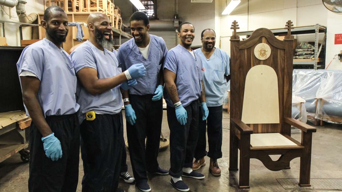 PhilaCor inmates worked together to construct a chair to be given to Pope Francis. (Kimberly Paynter/WHYY)