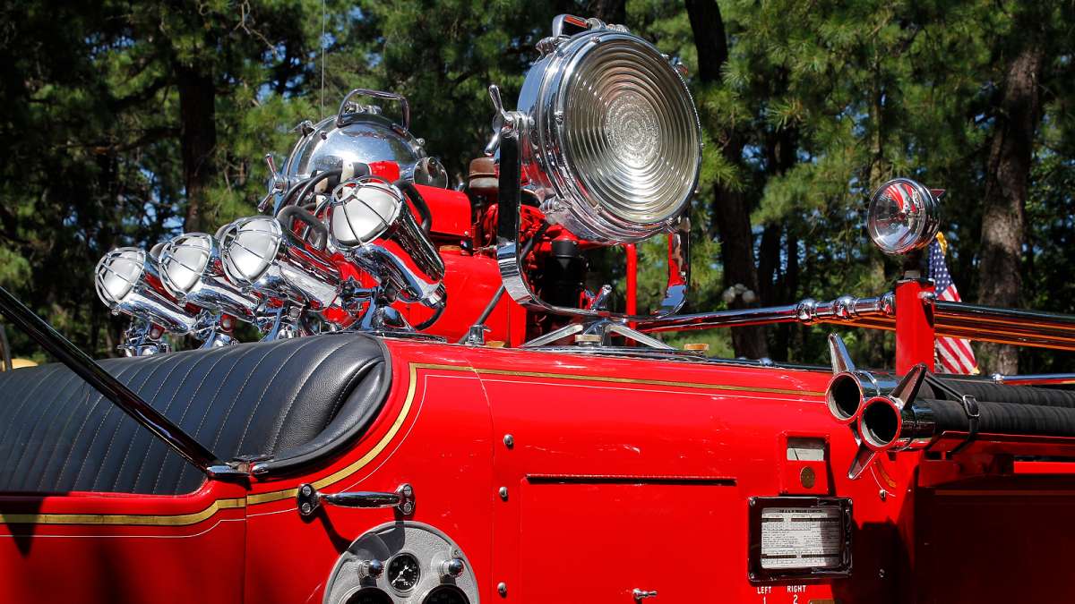 Retro search lights atop a 1948 Ward LaFrance fire engine at the 37th Annual Fire Apparatus Show and Muster at WheatonArts, in Millville, NJ, on Sunday. (Jana Shea for NewsWorks)