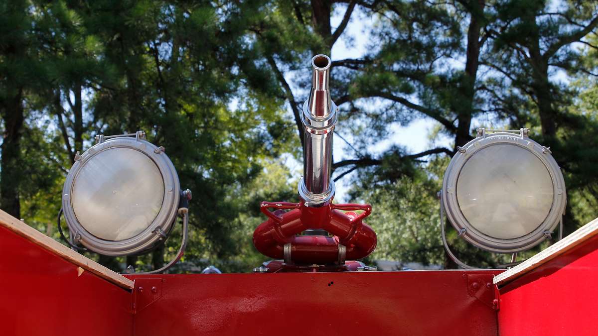 Detail of hose nozzle and searchlights from a 1948 American LaFrance fire engine at the 37th Annual Fire Apparatus Show and Muster at WheatonArts, in Millville, NJ, on Sunday. (Jana Shea for NewsWorks)