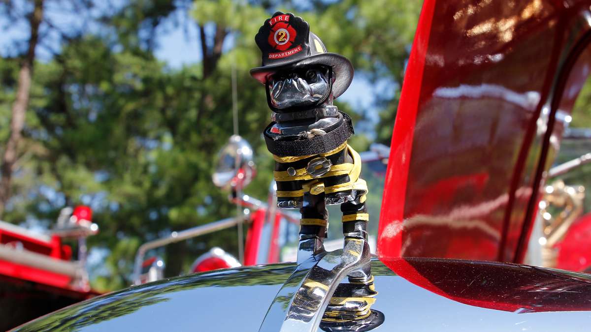 Detail of a classic Mack fire truck at the 37th Annual Fire Apparatus Show and Muster at WheatonArts, in Millville, NJ, on Sunday. (Jana Shea for NewsWorks)