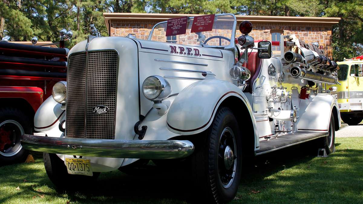 A 1941 Mack Model 80 fire engine at the 37th Annual Fire Apparatus Show and Muster at WheatonArts, in Millville, NJ, on Sunday. (Jana Shea for NewsWorks)