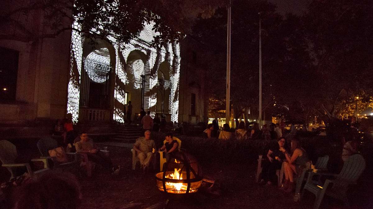 The Klip Collective projected a lighting installation on and inside the main building at the Palazzo on the Parkway at the Fairmount Park Conservatory's Glow in the Park gathering October 19th 2016. The building used to house the Boy Scouts of America, but now is under renovation to become a more functional part of the Fairmount Park system.