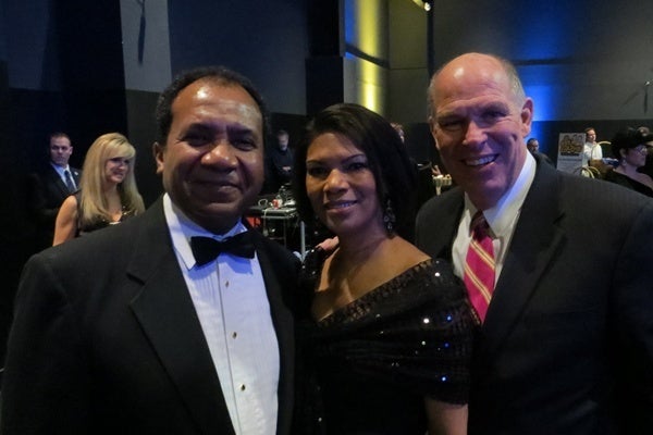 <p><p>Wilmington's new mayor Dennis Williams with his wife Shayne and House Speaker Pete Schwartzkopf (Shana O'Malley/ NewsWorks) </p></p>
