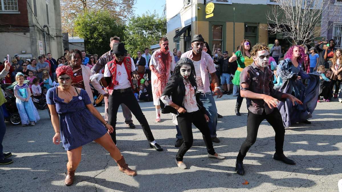 Zombies took over Cotton Street lurching out with eerie dance moves for a chance to win a $100 cash prize.(Natavan Werbock/for NewsWorks)