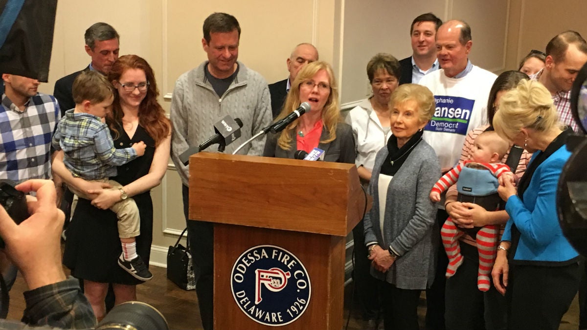 State Sen. Stephanie Hansen speaks to supporters after winning the special election in February 2017. (Mark Eichmann/WHYY) 