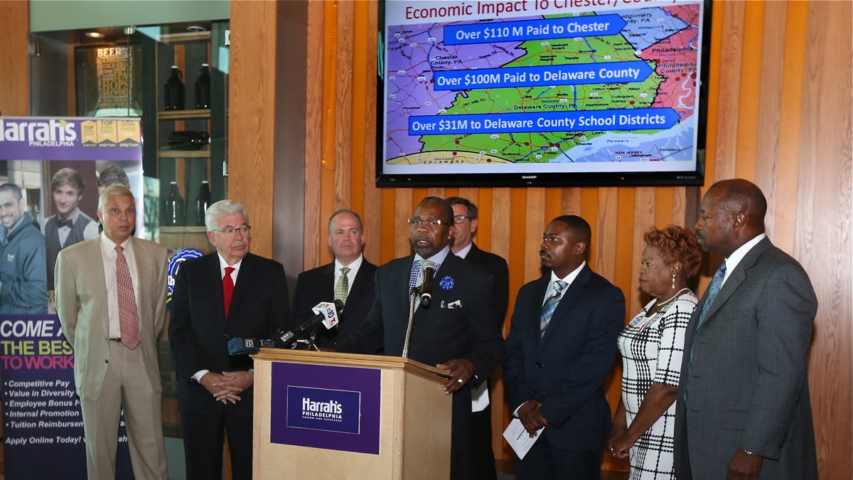 Chester Mayor Thaddeus Kirkland speaks against a proposal that would allow video game gambling at bars. The mayor and other opponents of the measure spoke during a press conference at Harrah's casino in Chester. (Harrah's Philadelphia)