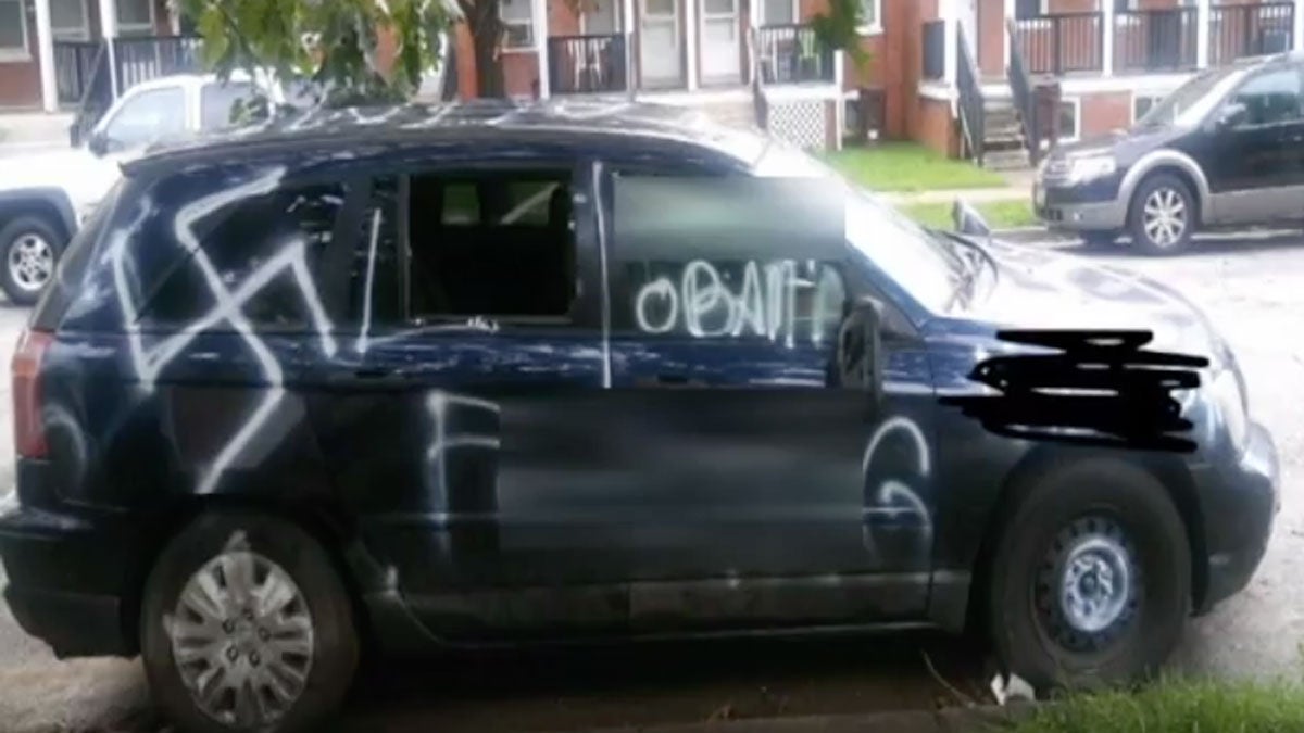  A car covered in racist graffiti in Wilmington, Delaware. (Photo courtesy of Olivia Nassar 