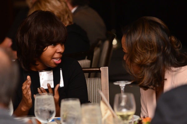 <p><p>2008 Young Heroes Awardee and 11th grader at the Baldwin School, Mecca Pelzer, with event emcee Lori Wilson of NBC 10 (Photo courtesy of Tim Evans)</p></p>
