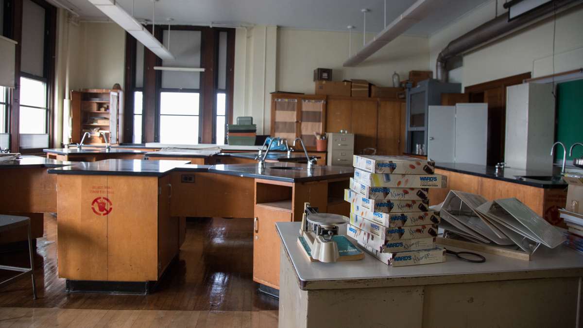 An out-of-use science room sits dusty and broken due to lack of science teachers at Overbrook High School. (Emily Cohen for NewsWorks)