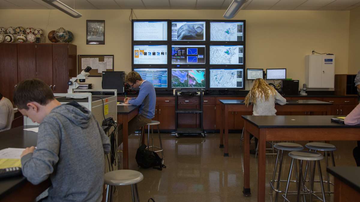 A live weather station sits in the background as students take a science test at Upper Dublin High School. (Emily Cohen for NewsWorks)