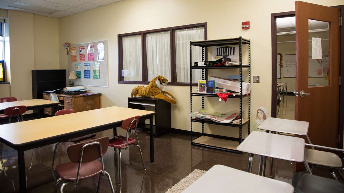 Every two classrooms at Upper Dublin High School share a common room used at the descretion of the teachers for test taking, silent reading, group projects, and more. (Emily Cohen for NewsWorks)