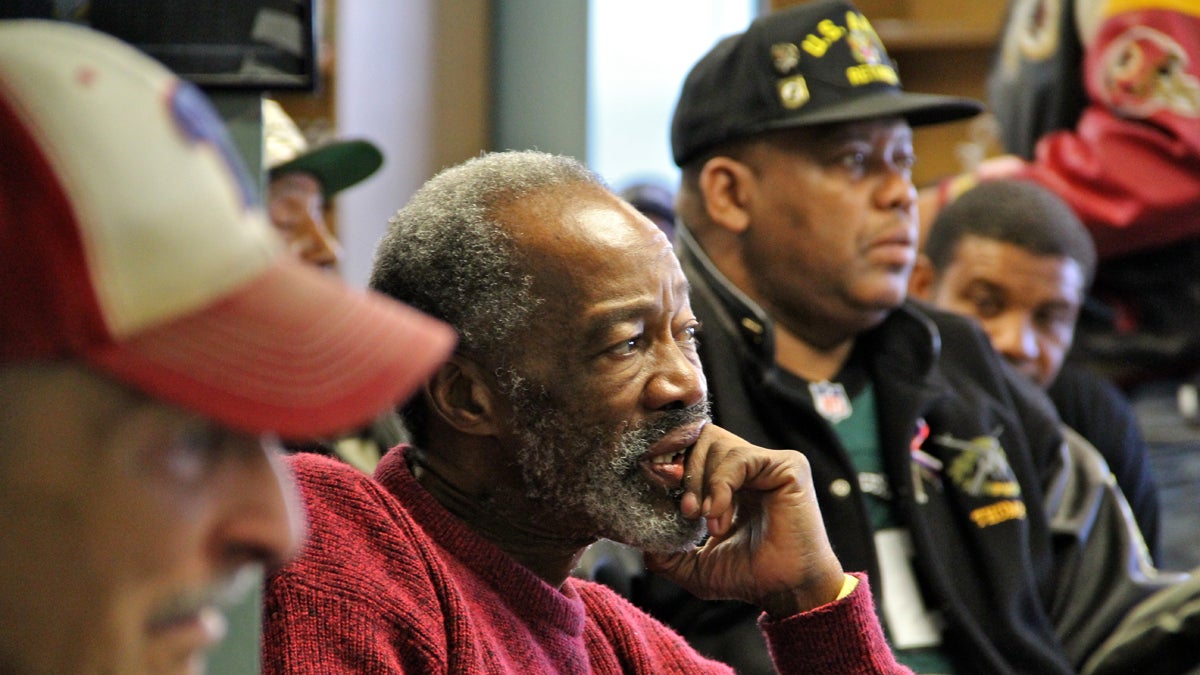 Veterans enjoy live jazz music at the Philadelphia Veterans Center on 4th street, which hosted a day-long celebration for homeless vets. (Emma Lee/for NewsWorks)