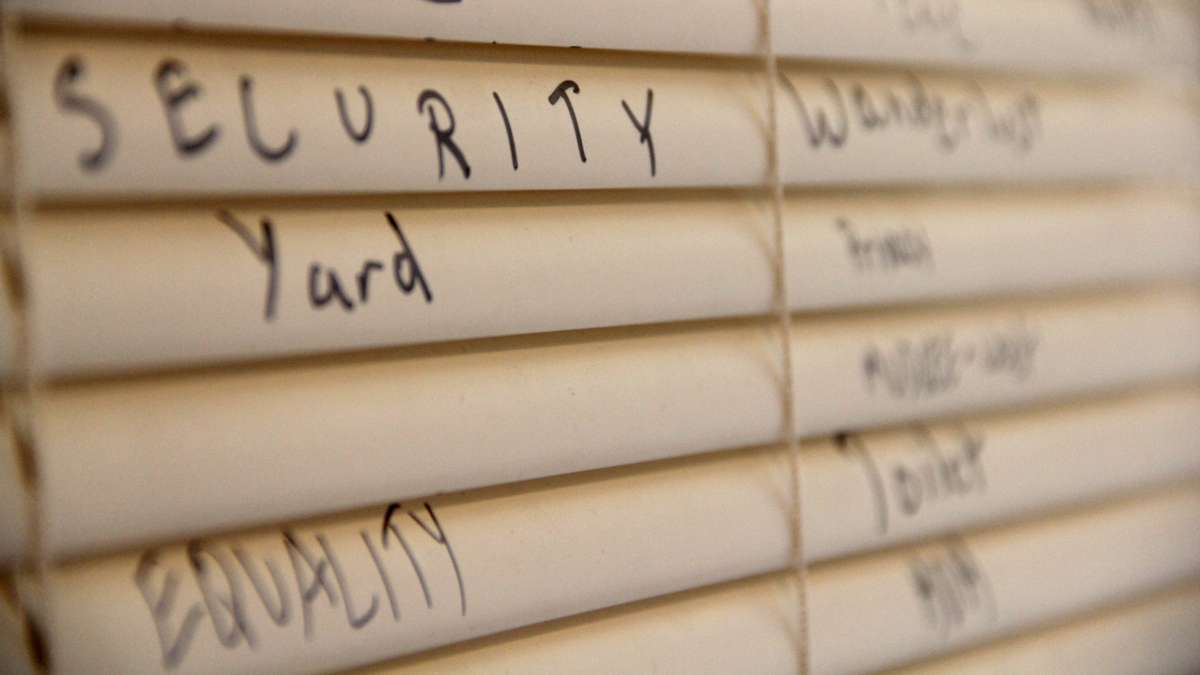 Visitors to Theatre Horizon are encouraged to write what home means to them on the slats of a set of Venetian blinds. (Emma Lee/WHYY)