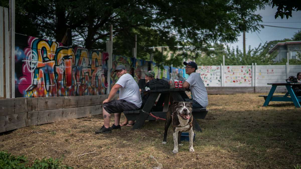 Festival goers relax in the shade