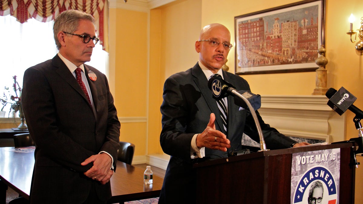 State Sen. Vincent Hughes (right) endorses Larry Krasner (left) for Philadelphia district attorney. (Emma Lee/WHYY) 
