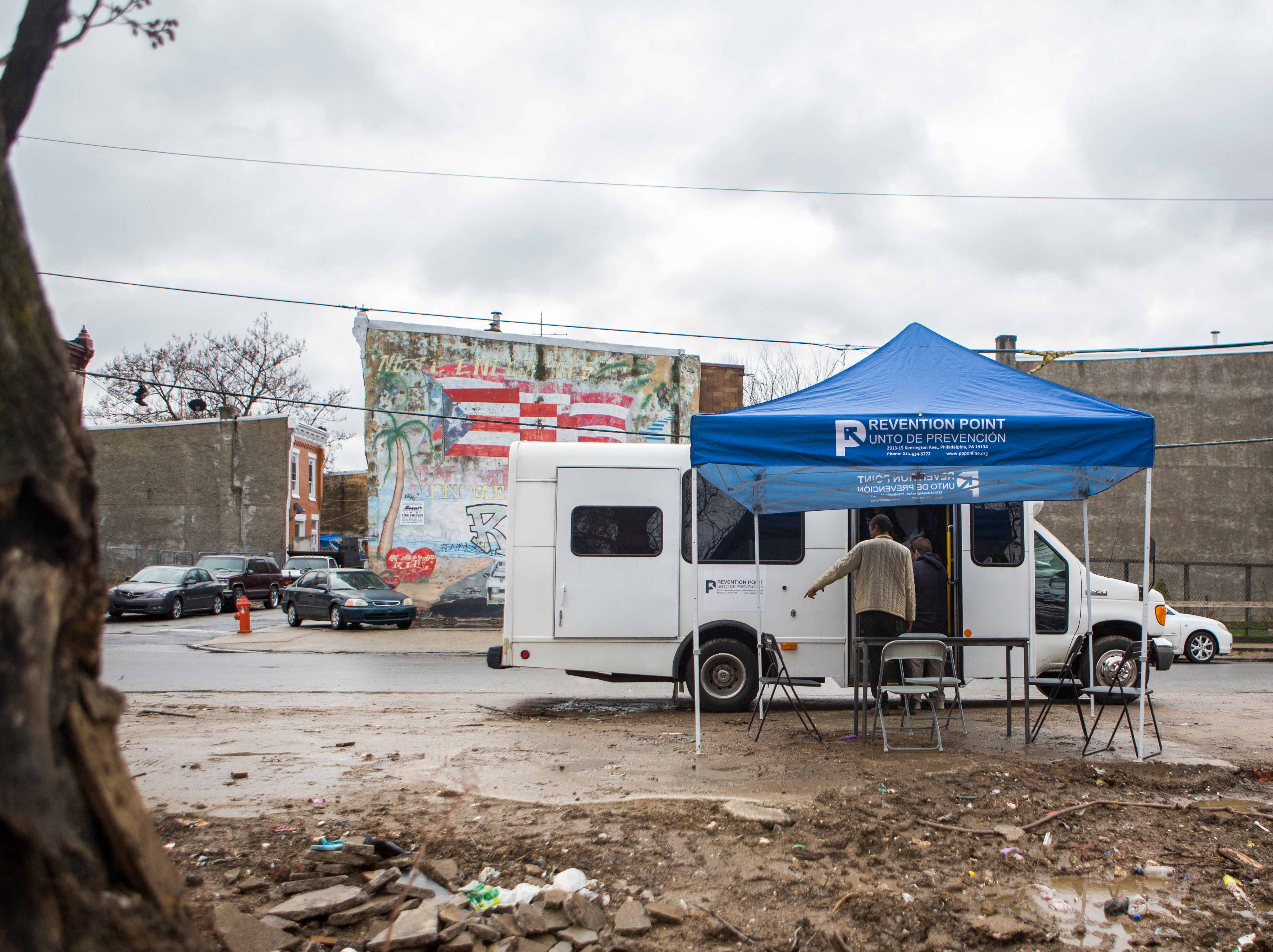 Prevention Point: a social services organization in Philadelphia, sets up a mobile wound care clinic each week to tend to homeless residents in the Kensington area. (Jessica Kourkounis/For Keystone Crossroads)
