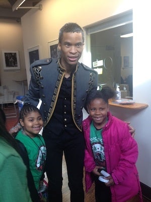 <p><p>Tayllar and Skyllar Clark meet Peter Townsend, who portrays Prince Sebastian in the production. (Courtesy of Imani/Arden)</p></p>
