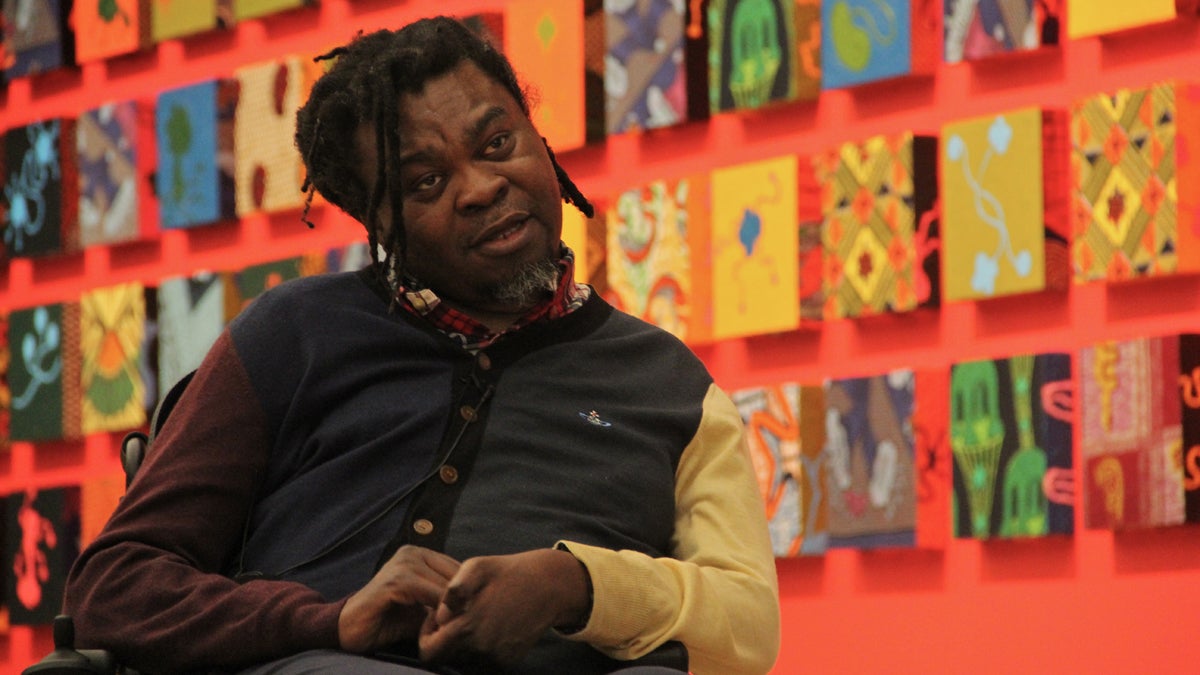  Yinka Shonibare talks about his art and its meanings during a preview of the exhibit Magic Ladders at the Barnes Foundation. (Emma Lee/for NewsWorks) 