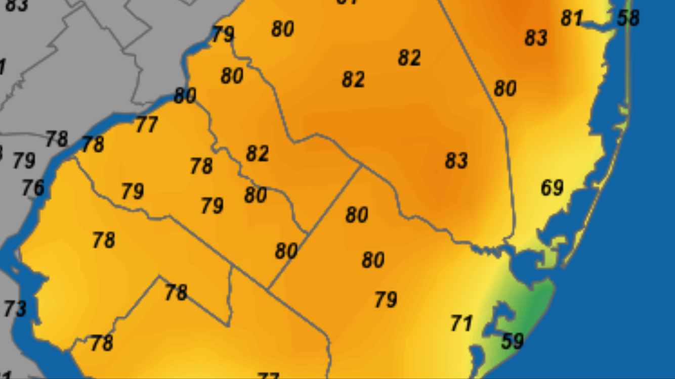  Temperatures at 2:12 p.m. today. It's coolest at the coast. (Image: NjWxNet) 