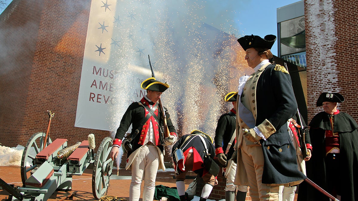 Revolutionary War reenactors and pyrotechnics accompany the announcement of the beginning of site preparation for the Museum of the American Revolution at Third and Chestnut streets. (Emma Lee/WHYY)