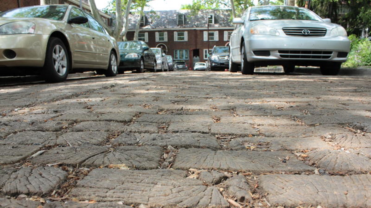  Roslyn Place, in Pittsburgh's Shadyside neighborhood, is one of the last wooden streets in the United States. It was recently designated a City Historic Site, which protects it from alterations. Philadelphia's wooden street, S. Camac Street, is covered with asphalt but is expected to be restored in 2018. (Margaret J. Krauss/WESA)  