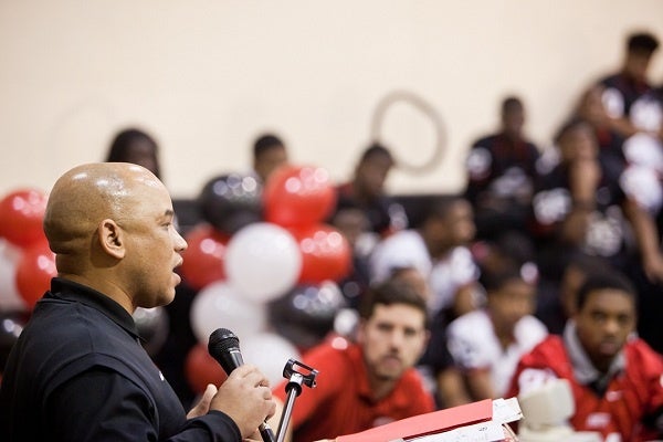 <p><p>Imhotep Head Football Coach Albie Crosby tells underclassmen and departing seniors how proud he is of their accomplishments. (Brad Larrison/for NewsWorks)</p></p>
